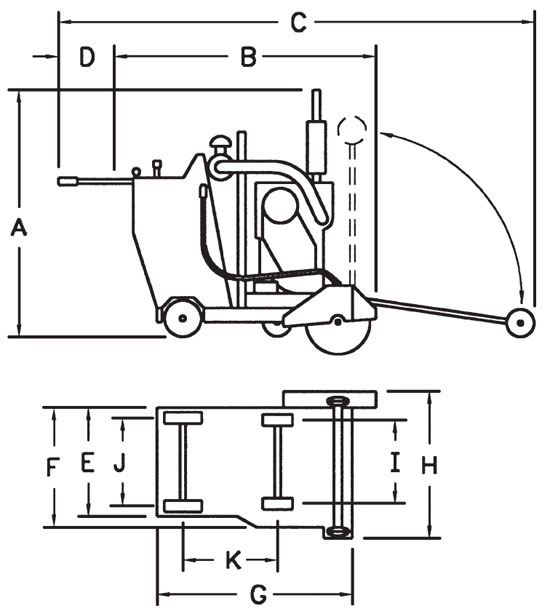 Diamond Products - CC6560XLS Walk Behind Concrete Saw Dimensions