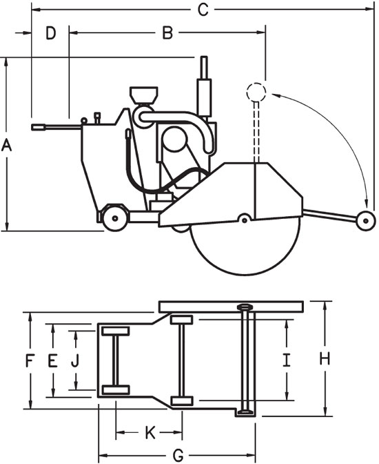 Diamond Products - CC7100 Walk Behind Concrete Saw Dimensions