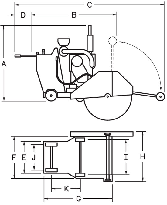 Diamond Products - CC7200 Walk Behind Concrete Saw Dimensions